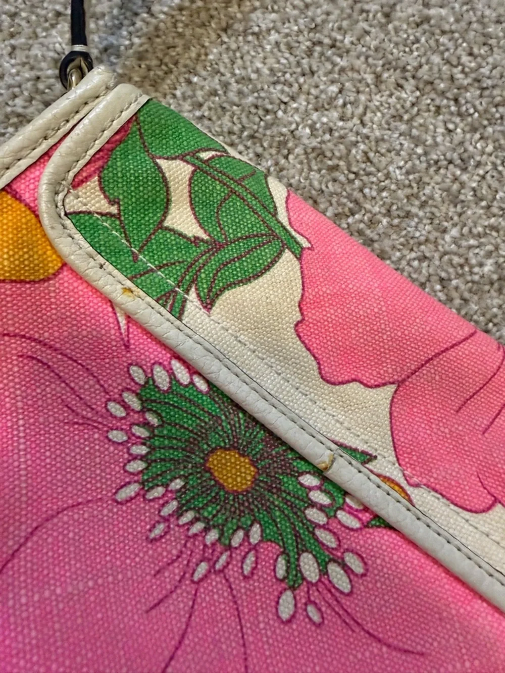 Kate Spade Cream Pink Floral Canvas Woven Leather Crossbody‎ Bag Purse Summer
